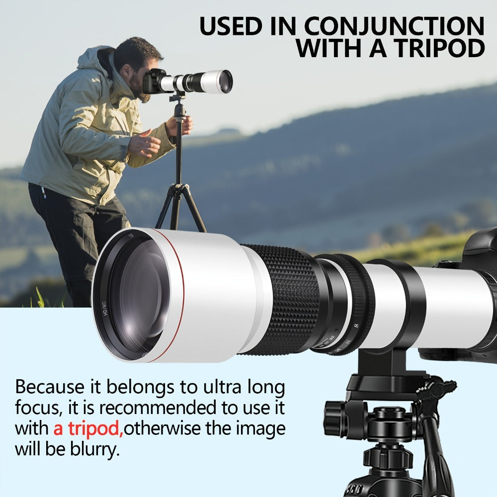 500mm F/8 Manual Focus Telephoto Lens for Canon EF & Nikon F Mount DSLR Cameras – T-Mount Zoom Lens with Adapters