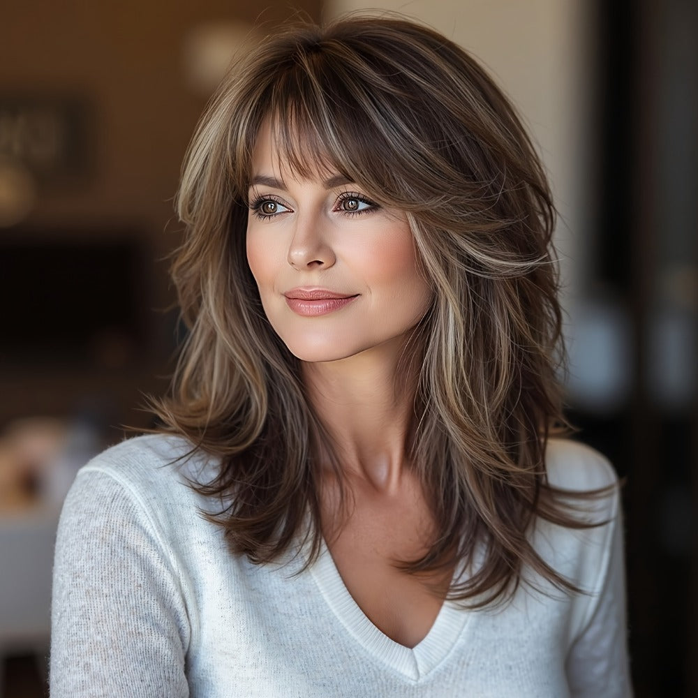 Synthetic Wig 14-Inch Layered Brown Highlight Ombre with Bangs and Rose Net Cap with Item-Specific Color, Length, Texture and Cap Choices