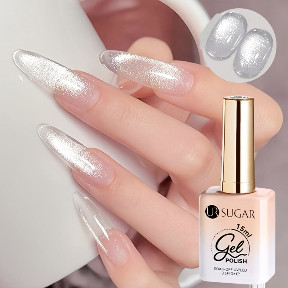 White Glitter Cat Eye Gel Polish Set 2pc Sparkling Magnetic with Stick Included | Soak Off UV LED 0.51oz Each Semi-Permanent 3D Nail Art |