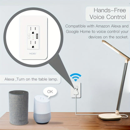Smart WiFi Wall Outlet with 2 AC Outlets & USB Charging Port, Works with Alexa & Google Home, App Remote Control