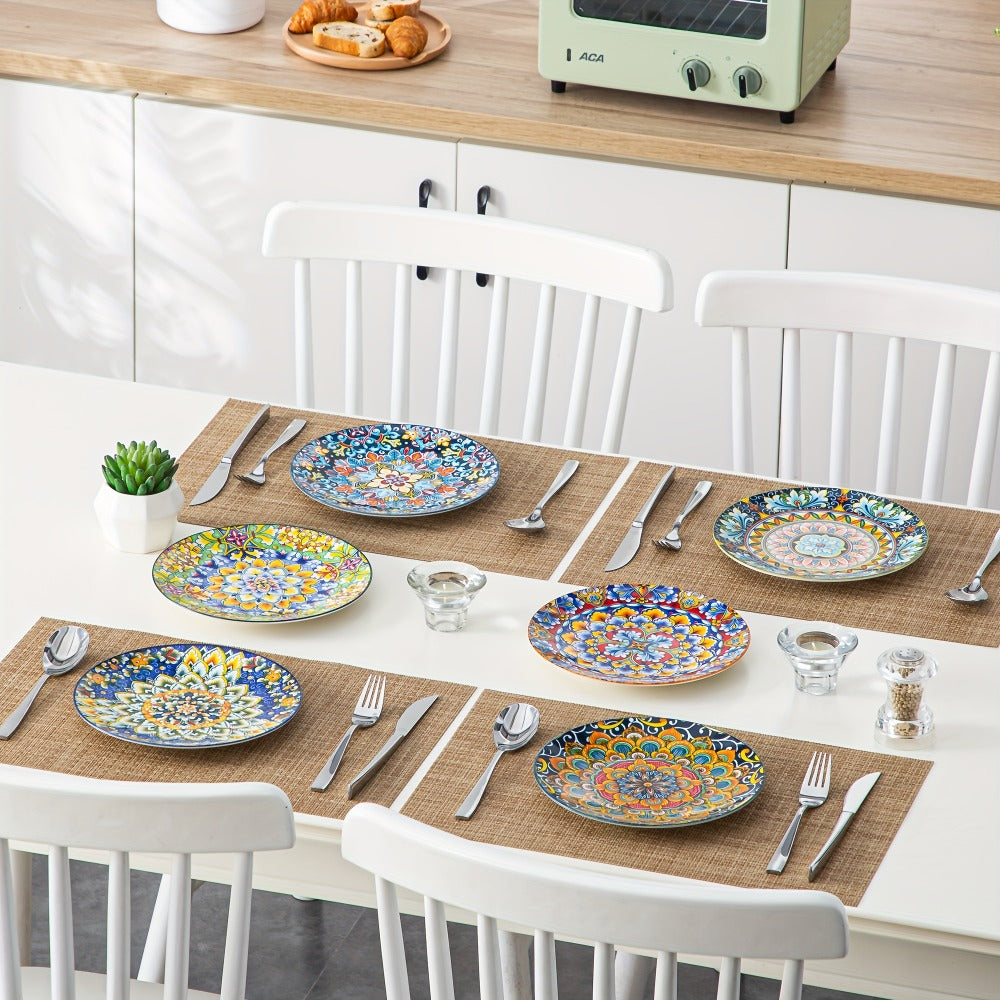 Bohemian Ceramic Dessert Plate Set of 6 – 8.5 Inch Colorful Abstract Pattern Dinnerware, Glazed Porcelain Plates