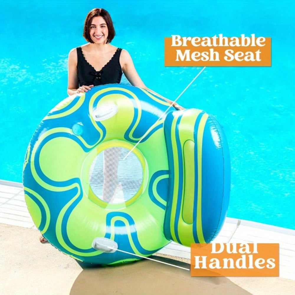 Inflatable Pool Float Sofa Chair with Raised Backrest, Mesh Seat, Dual Handles and Cup Holder