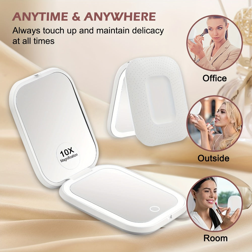 10X LED Lighted Compact Mirror USB Rechargeable 1X 10X Magnification Dimmable 3-Color Touch Screen – Double Sided Portable Travel Pocket