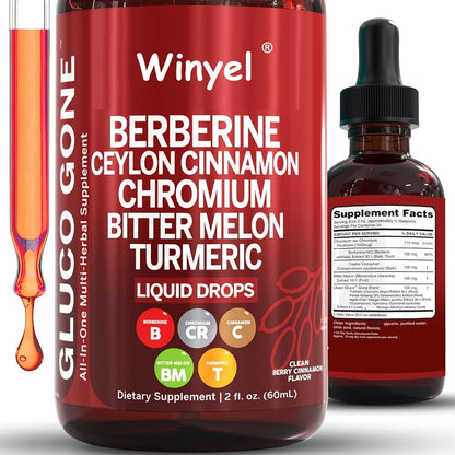 Blood Sugar Support Liquid Drops with Ceylon Cinnamon Berberine Bitter Melon Gymnema Chromium Turmeric Panax Ginseng