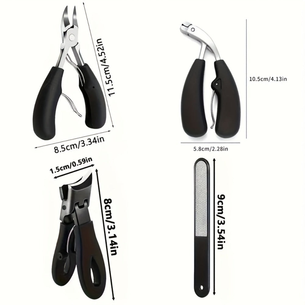 Heavy Duty Toenail Clipper Kit 4 Piece Stainless Steel | Convex Blade Ingrown Toenail Cutter with Nail File Ergonomic Non-Slip Handle |