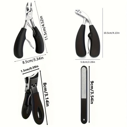 Heavy Duty Toenail Clipper Kit 4 Piece Stainless Steel | Convex Blade Ingrown Toenail Cutter with Nail File Ergonomic Non-Slip Handle |