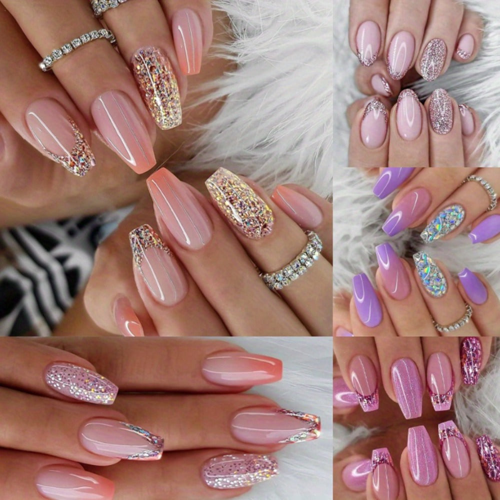 Press On Nails 120-Piece Medium Coffin Five-Pack Pinkish Purple Glitter Sequin Glossy Full-Cover Set