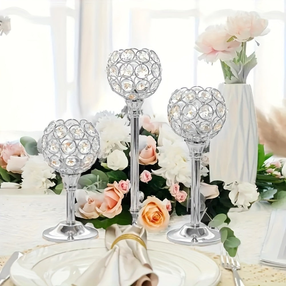 Crystal Candle Holders Set of 3 - Windproof Glass Taper Candle Holder for Wedding Table Centerpiece