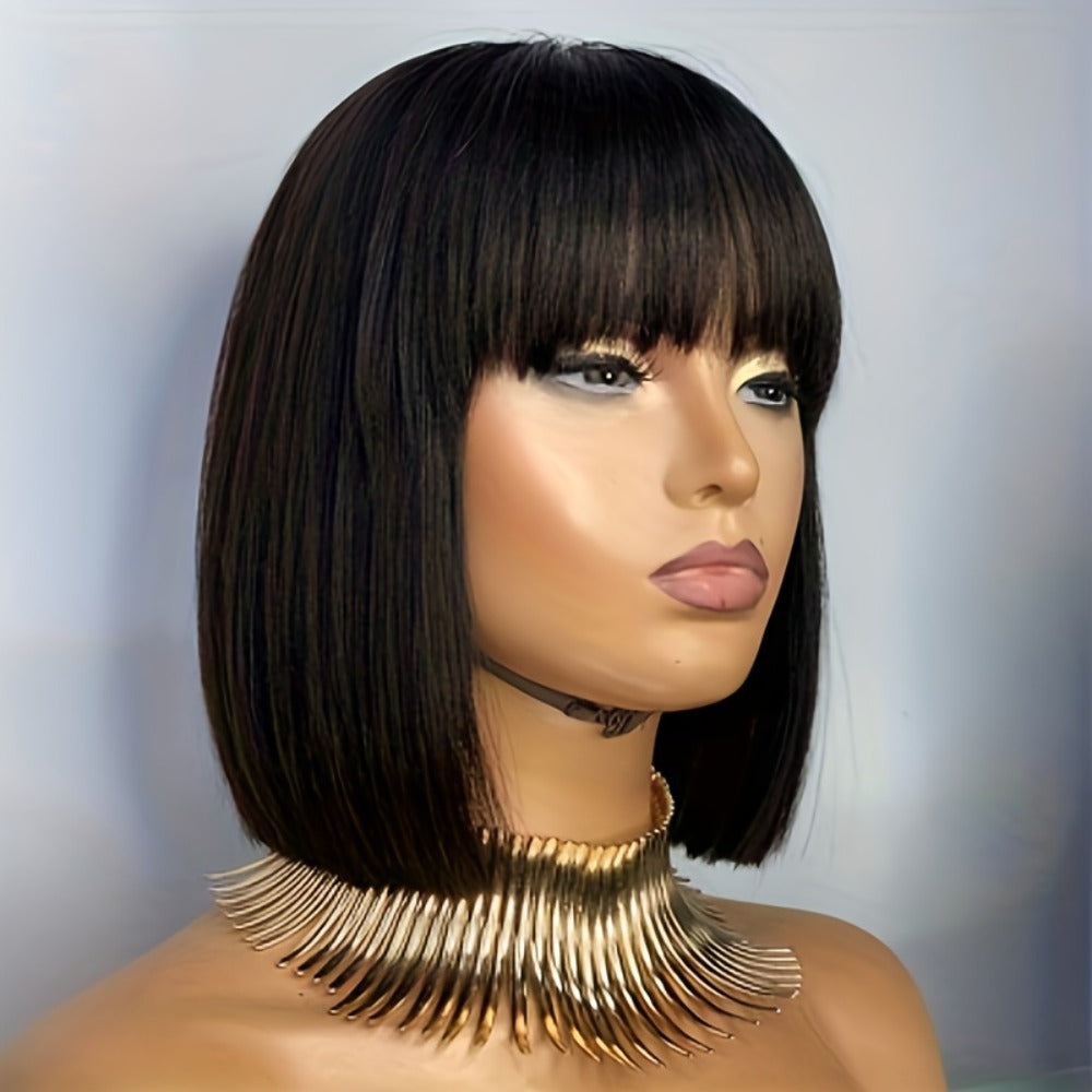 Straight Bob Human Hair Wig with Full Machine-Made Cap, Black Finish and Bangs, 8–16 Inch Options