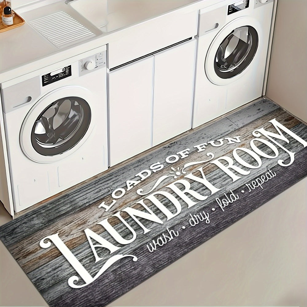 Non-Slip Laundry Room Mat Wood Grain Design – Heavy Duty Washable Rubber Backing Carpet | Rustic Dark Brown & Gray Kitchen Bathroom Rug |