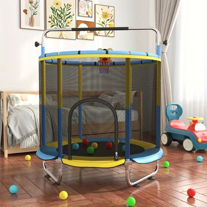 60 Inch Trampoline with Enclosure and Gymnastics Bar, Height Adjustable Indoor Outdoor Round Trampoline with Toys for Kids