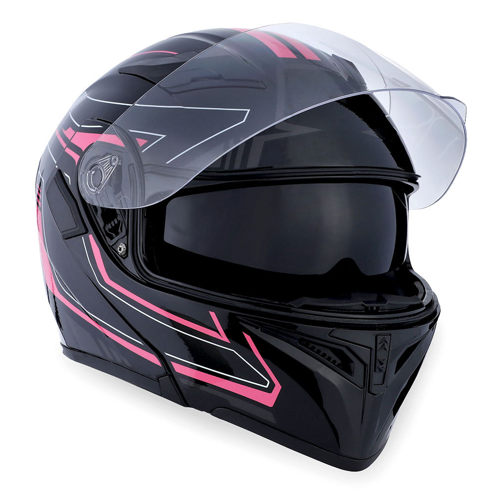 Motorcycle Helmet Modular Flip-Up Full-Face Shell with Dual Visors, S-XL Sizes and Arrow, Storm or Glossy Styles