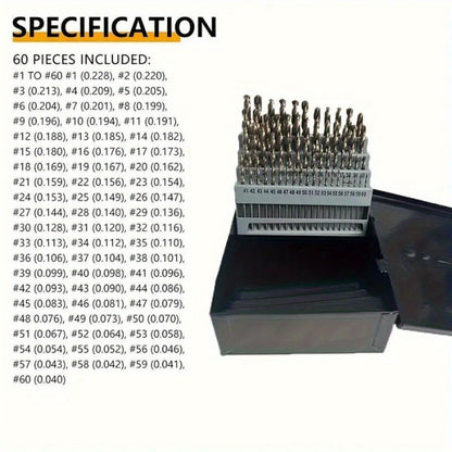 60pcs Cobalt Drill Bits Set Wire Gauge 1-60 Metal Index Box