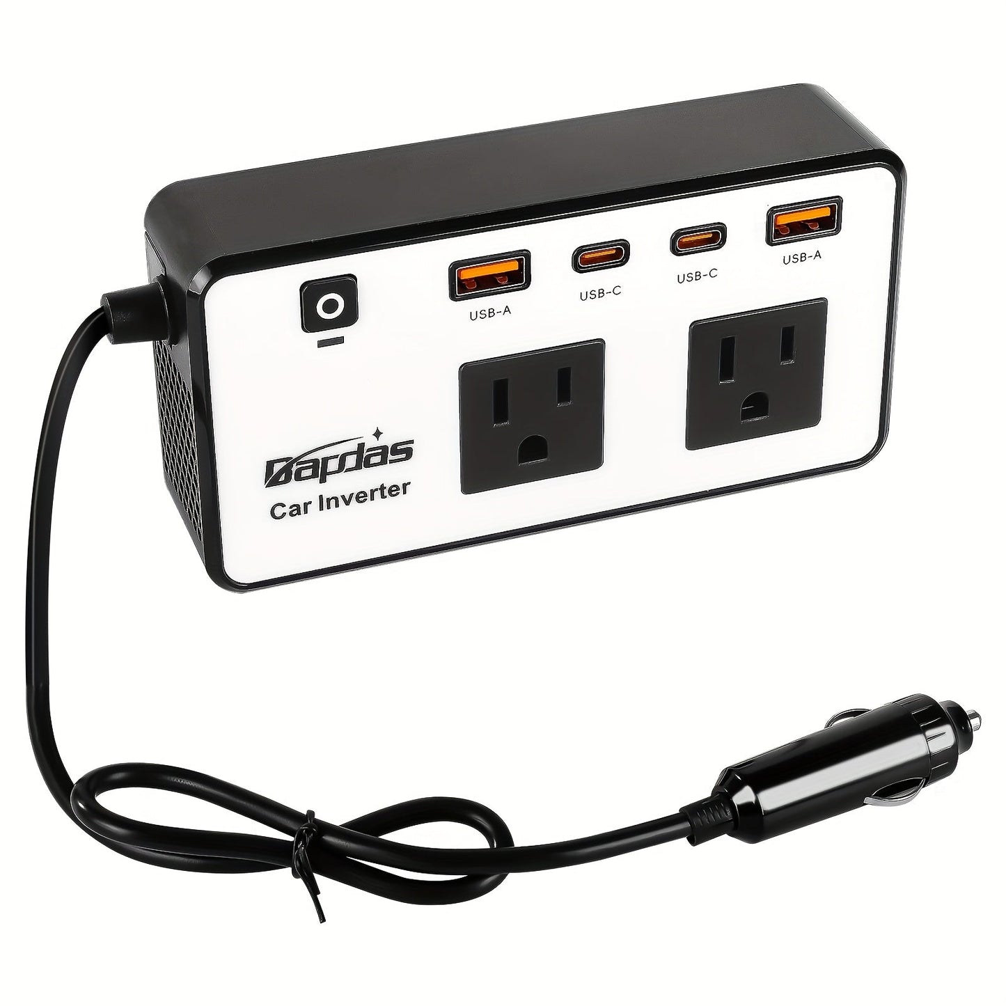 Car Inverter 200W DC 12V to AC 110V with Dual AC Outlets 24W USB-C Fast Charging 4 USB Ports Portable for Garden, Patio and Yard Use