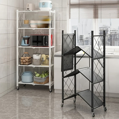 Storage Rack 3-5 Tier Foldable Shelving Unit with Wheels – Portable Multi-Layer Floor Standing Utility Shelf Organizer for Bedroom Closet