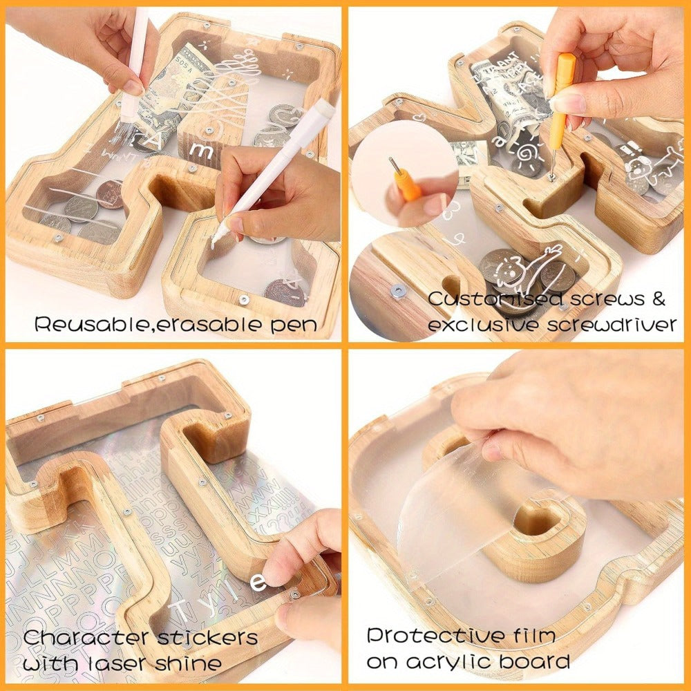 Alphabet Wooden Money Bank for Adults A to Z Letter Piggy Bank – Personalized Coin Bank Home Decor Craft Art Decoration