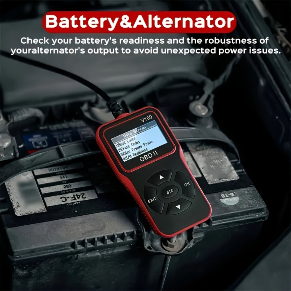 V100 OBD2 Scanner with Four-Line Menu, 12.4 x 7cm Body, Tethered 16-Pin Plug and Four Color Options