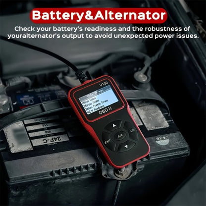 V100 OBD2 Scanner with Four-Line Menu, 12.4 x 7cm Body, Tethered 16-Pin Plug and Four Color Options