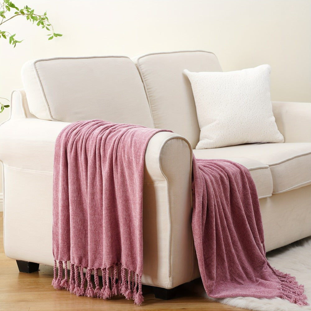 Chenille Fringe Throw Blanket, 180-200gsm Velvety Decorative Throw for Sofa & Couch, Home Decor, 50”×60”