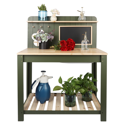Potting Bench Table Cedar Wood Garden Workstation with Blackboard Removable Sink Hooks Double Shelf for Garden, Patio and Yard Use