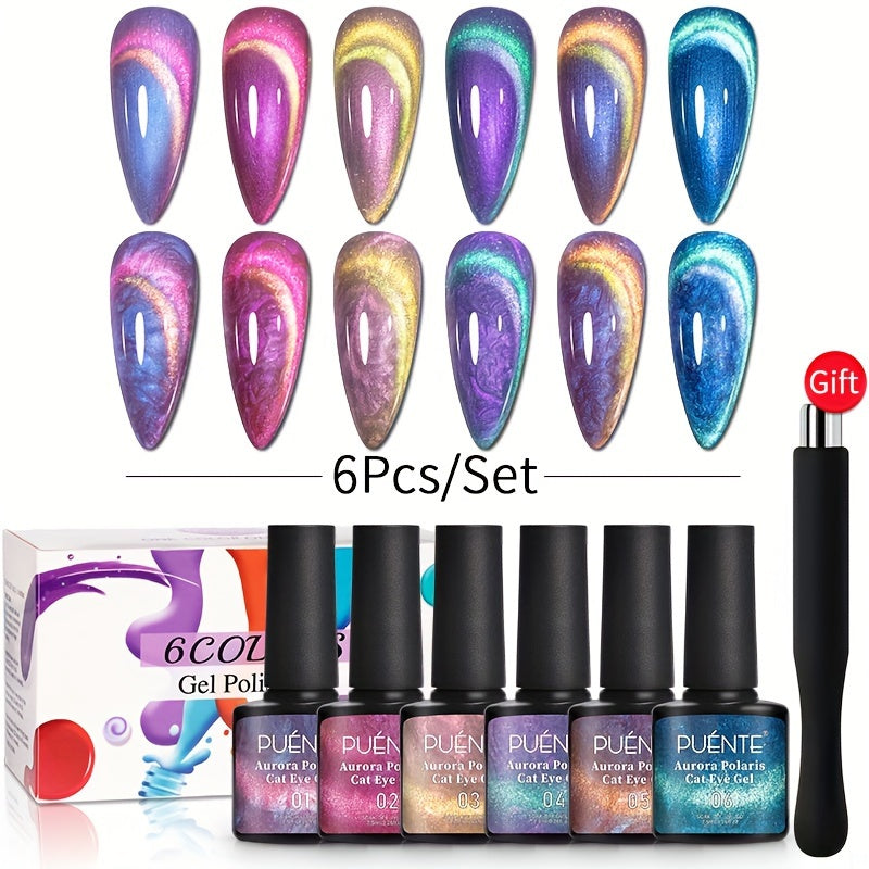 Gel Nail Polish 6-Piece 9D Aurora Magnetic Cat-Eye Set with Pearl-Shell Glitter Effect and UV/LED Soak-Off Cure