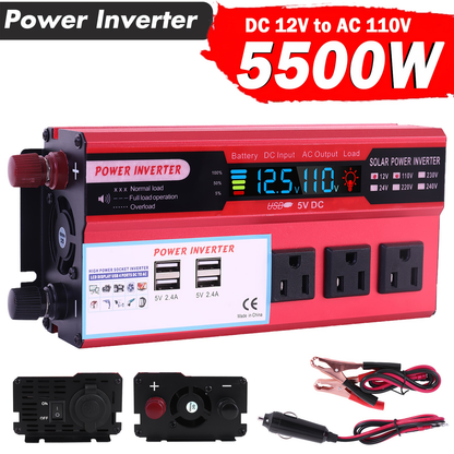 DC to AC Inverter 4000W 5500W 6500W 16000W Peak DC 12V to AC 110V High Power Car Inverter with USB Ports for Garden, Patio and Yard Use
