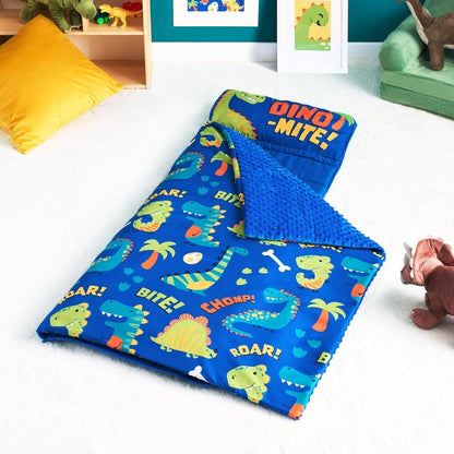 Kids Nap Mat with Removable Pillow & Minky Blanket - Roll-Up Sleeping Bag for Boys Girls, Blue Dinosaur Design