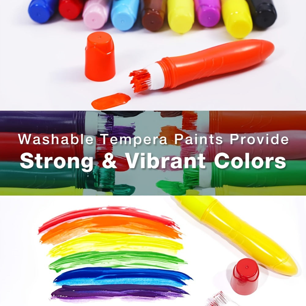 12-Color Neon Squeezable Tempera Paint Brush Pen Set with 24 ml Source Fill Labels and Tray