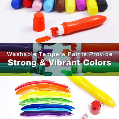 12-Color Neon Squeezable Tempera Paint Brush Pen Set with 24 ml Source Fill Labels and Tray