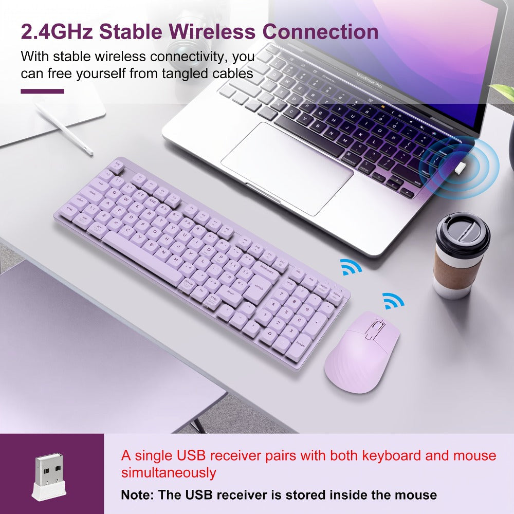 Wireless Keyboard and Mouse Combo 98 Keys Full Size, 2.4GHz, Mechanical Feel, Quiet Keys, Design for PC