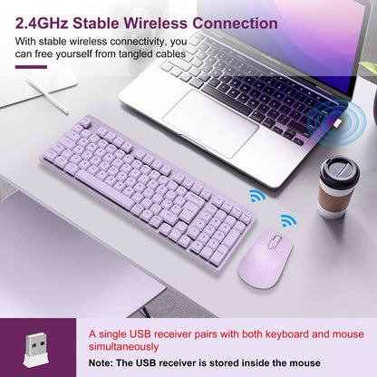 Wireless Keyboard and Mouse Combo 98 Keys Full Size, 2.4GHz, Mechanical Feel, Quiet Keys, Design for PC