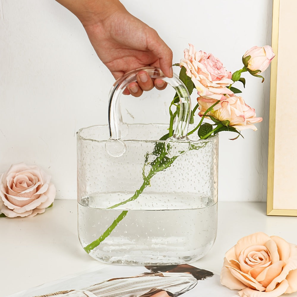 Glass Purse Vase for Flowers Glow in the Dark Vase Fish Bowl Bubble Clear Bag Vase with Handle 7.7x3.9x10.4In Unique Decorative Vases
