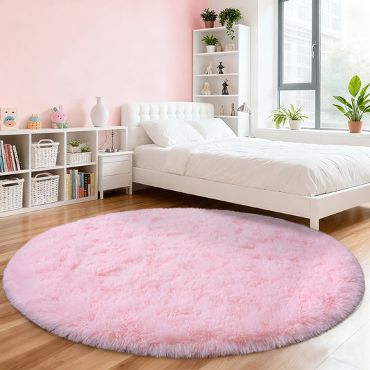 Area Rug 6x6 Round Light Pink Plush Circle with Hand-Washable Care for Bedroom or Living Room