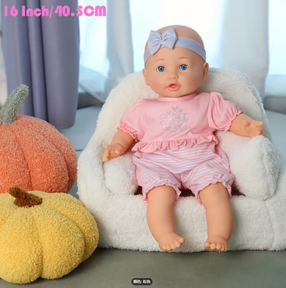 Pink Baby Doll with Open-Eye Face, Pacifier and Textured Outfit Across Three Checkout Style Labels