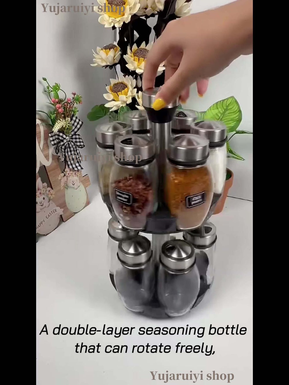 Glass Spice Jar Set with Rotating Rack, Airtight Kitchen Spice Organizer with 360° Stainless Steel Stand