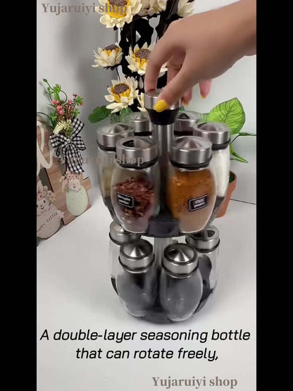 Glass Spice Jar Set with Rotating Rack, Airtight Kitchen Spice Organizer with 360° Stainless Steel Stand