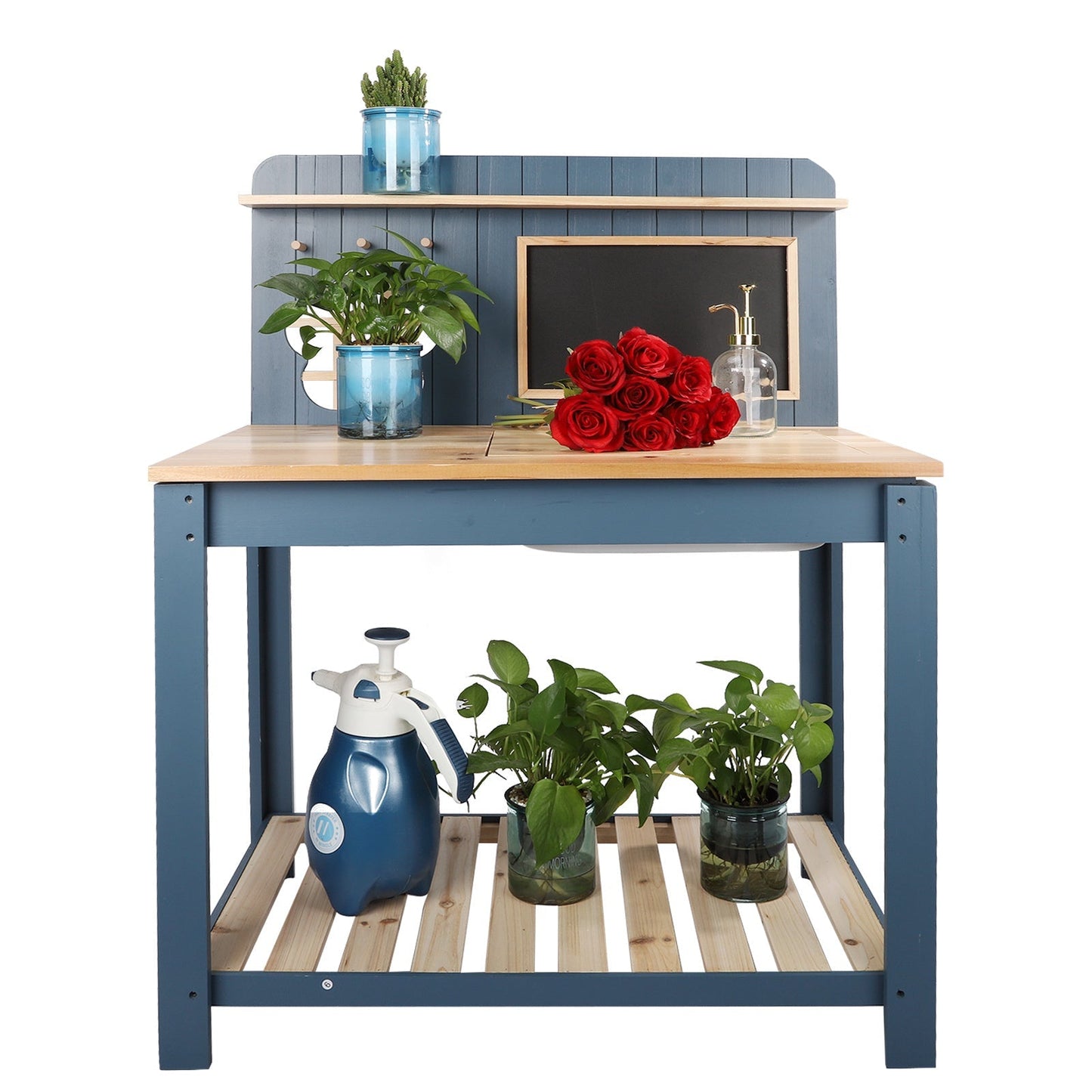 Potting Bench Table Cedar Wood Garden Workstation with Blackboard Removable Sink Hooks Double Shelf for Garden, Patio and Yard Use