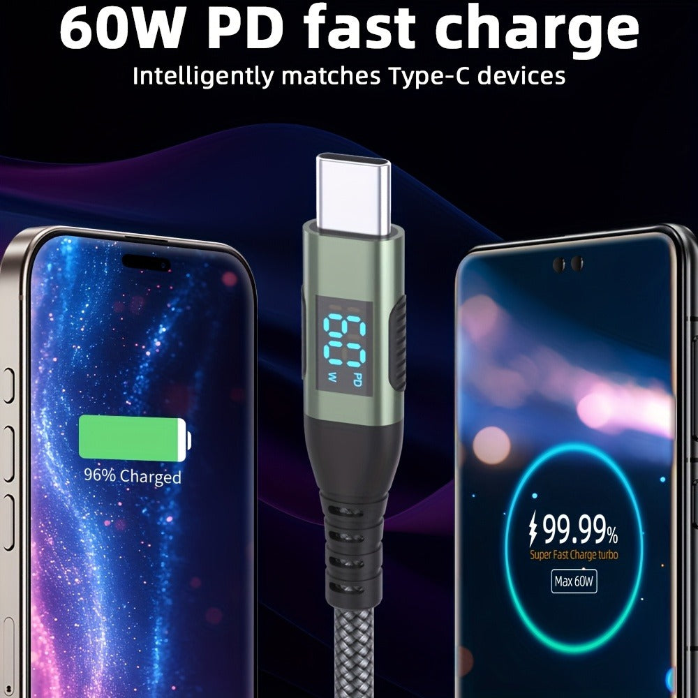 USB-A to USB-C Cable with LED Digital Display, 3A Fast Charging & 480Mbps Data Sync, Nylon Braided Anti-Overheat