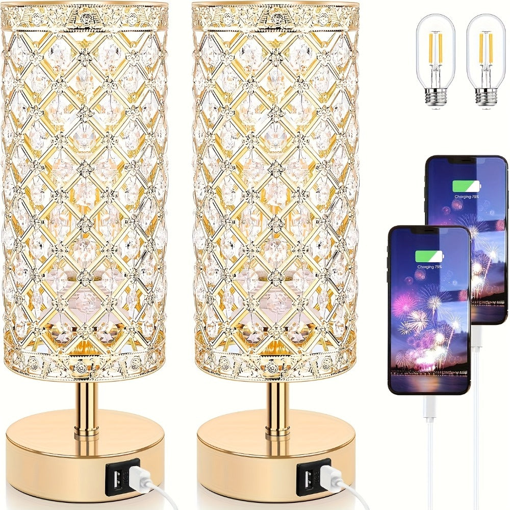 Crystal Cylinder Bedside Table Lamp with Dual USB Ports in Three Finishes and One- or Two-Pack Options