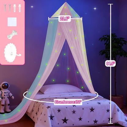 Bed Canopy for Girls Princess Rainbow Glow in the Dark Stars Colorful Canopy Curtain Fits for Entryways, Bedrooms and Living Spaces