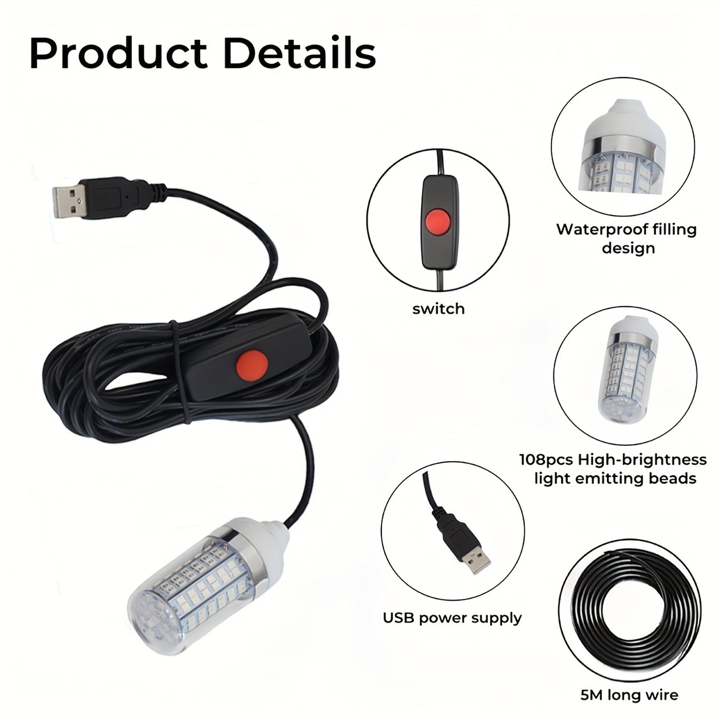 108 LED Underwater Fishing Light – IP68 Waterproof Night Fishing Lure Light with USB Connector & 16.4ft Cable