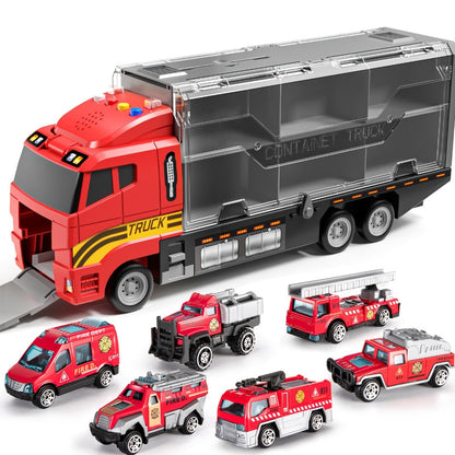 Fire Truck Toy Set for Kids Ages 3-6, Die-Cast Metal Carrier Truck with Play Mat, Emergency Vehicle Collection