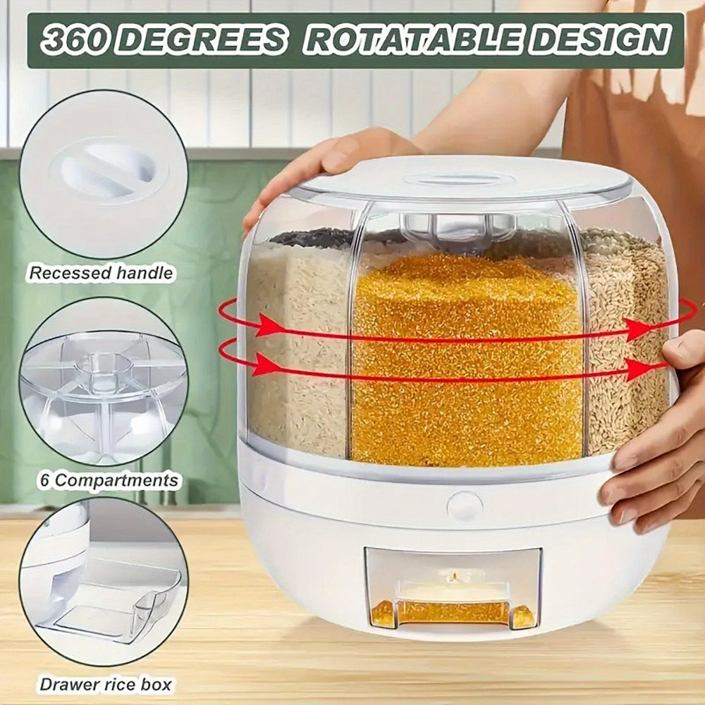 Food Storage Container Rotating Grain Dispenser with Six Compartments, Clear Dome and Front Drawer Outlet