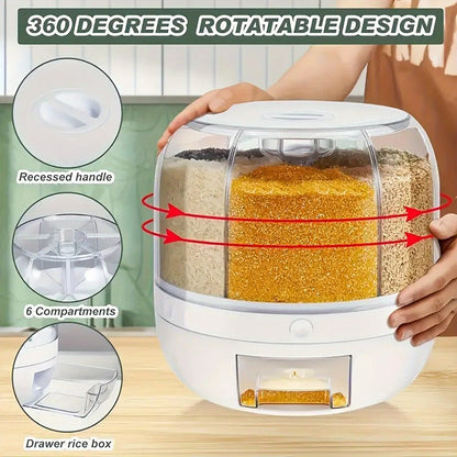Food Storage Container Rotating Grain Dispenser with Six Compartments, Clear Dome and Front Drawer Outlet