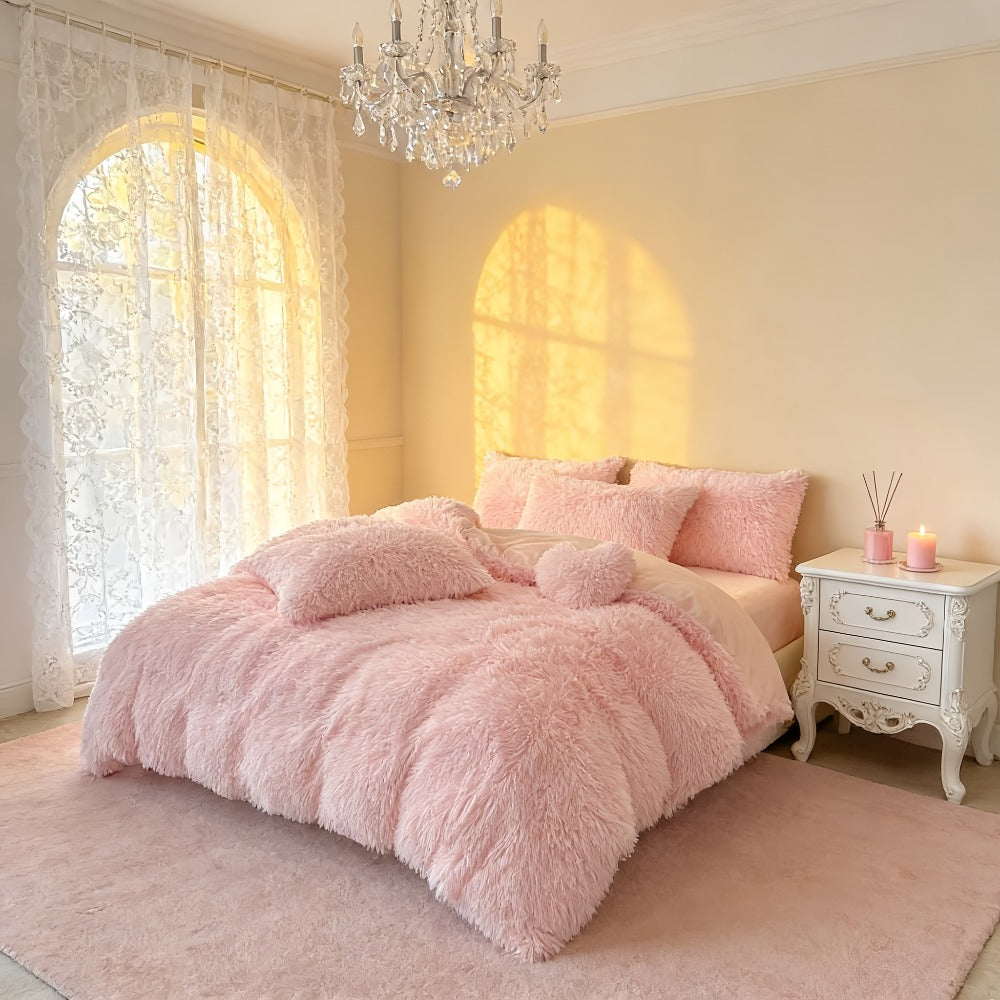 Velvet Duvet Cover Set Fluffy Plush Bedding Minimalist Solid Color, Carved Velvet Quilt Cover with Pillow Shams