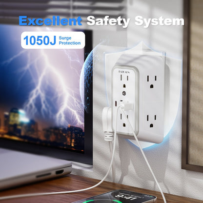 Outlet Splitter Wall Expander 10-in-1 with 6 AC Outlets 2 USB-A 2 USB-C Ports 3-Sided Plug for an Everyday Personal Care Routine