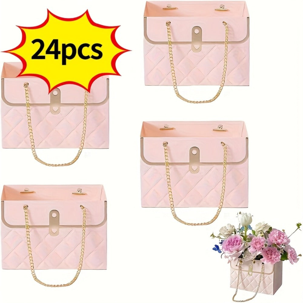Paper Flower Bouquet Gift Bags with Metal Chain Handle Bulk – 12/24/36/48 Pcs Tote Bags for Wedding Party Birthday Florist Graduation