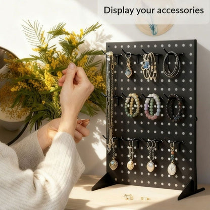 Pegboard Jewelry Display Stand with Iron-Labeled Perforated Panel, Two Feet and 12 Removable Hooks