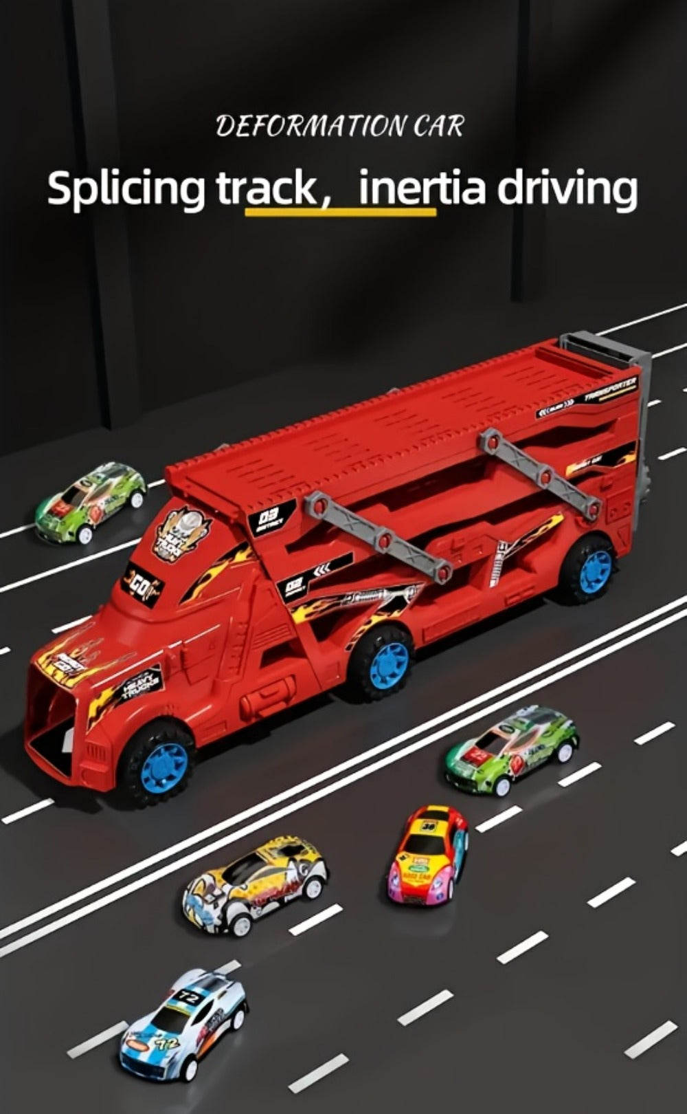 Transforming Launcher Truck Playset with 8 Alloy Cars, Foldable Storage Transporter Toy, Car Carrier Truck with Launch Ramp