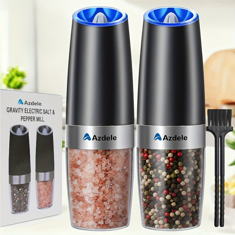 Electric Salt and Pepper Grinder Set with Two Black Gravity-Activated Mills, LED Lights and Grind Dial